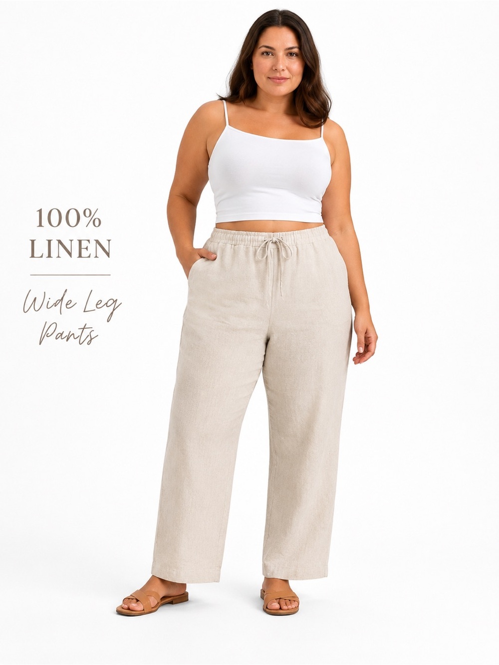 100% Linen Wide Leg Pants Size 12 Natural Beige Drawstring Coastal Liz Claiborne
